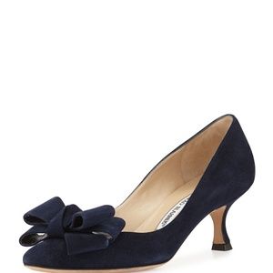 Manolo Blahnik Lisane bow kitten heels, suede navy blue, 39.5